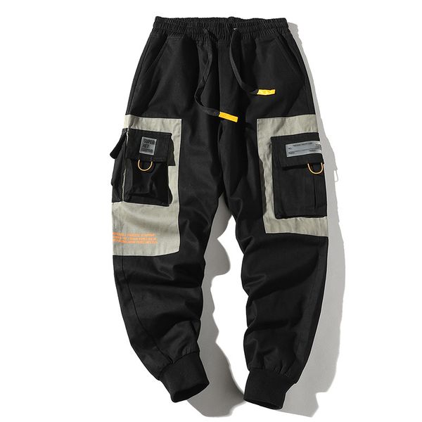

hip hip pants vintage color block patchwork multi-pocket cargo harem pant streetwear harajuku jogger sweatpant cotton trousers, Black
