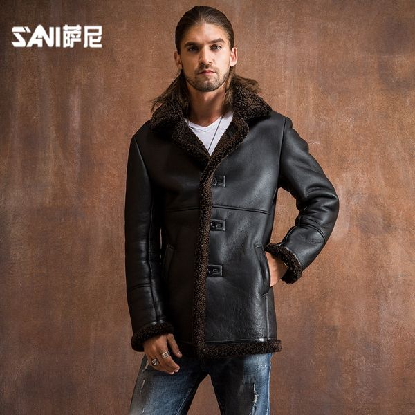 

2019 warm winter fashion genuine leather fur clothing male sheepskin shearling men outerwear genuine leather fur overcoat, Black