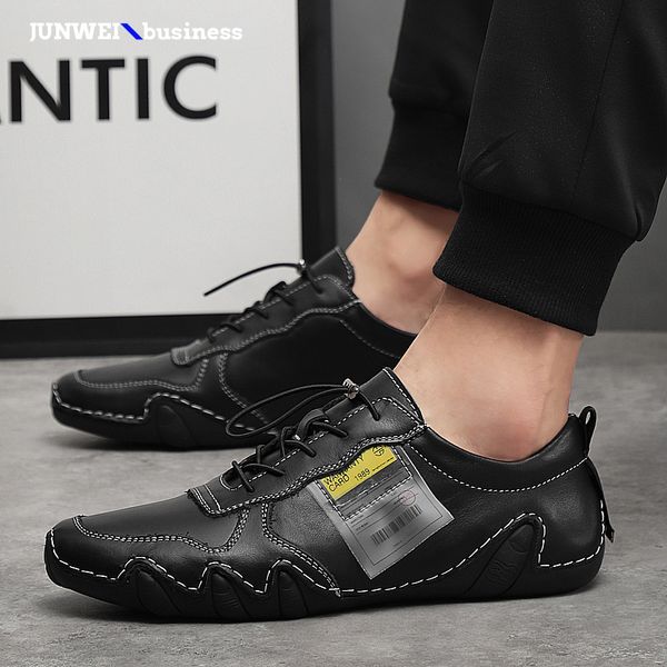 

men loafer fashion forward lace up moccasin man leisure genuine leather trending shoes big size 47 a4, Black