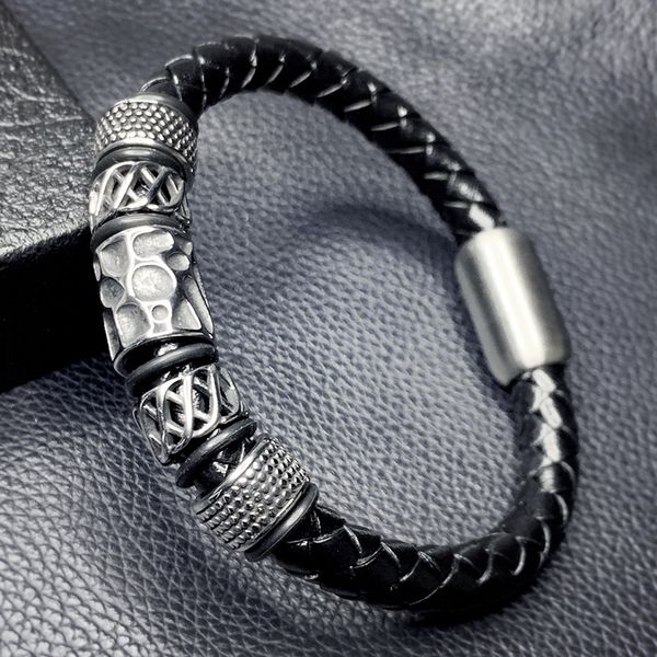 

new men jewelry punk black braided leather bracelet stainless steel magnetic clasp man bracelet rock party gifts sp0090, Golden;silver