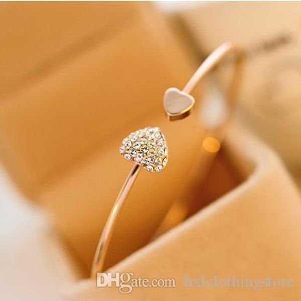 

ac 2018 горячая новая мода регулируемая кристалл двойное сердце bow билезик манжета открытие браслет женщины подарка ювелирных изделий mujer, Golden;silver