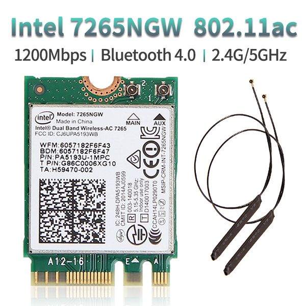 

867mbps lapm.2 wifi card wireless 2.4g/5ghz for intel 7265 7265ngw 802.11ac 2x2 wifi + bluetooth bt 4.0 ngff with antennas