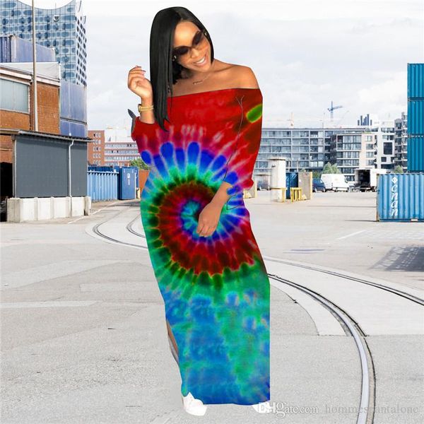 

spring female digital printed dress fashion designer slash neck women dresses with split casual long sleeve ladies apparel, White;black