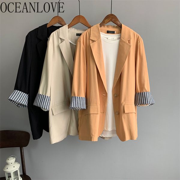 

oceanlove 2020 blazer women spring summer thin all match blazer feminino korean vintage work fashion coat solid 16487, White;black