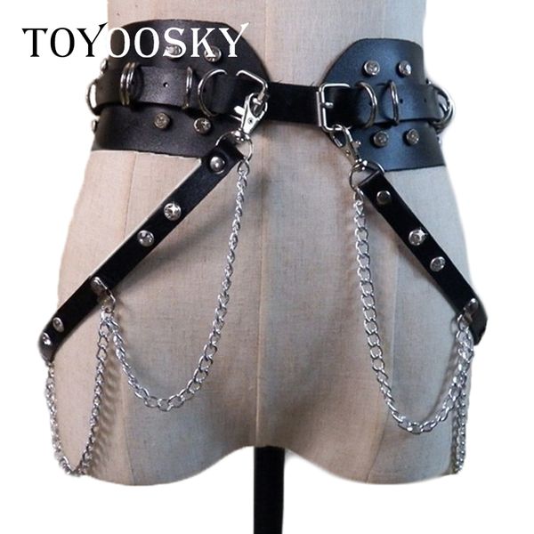 

brand gothic punk leather belt for women rock hip hop with ring chain rhinestone waist belts cool ins luxury women belt toyoosky y200117, Slivery;black