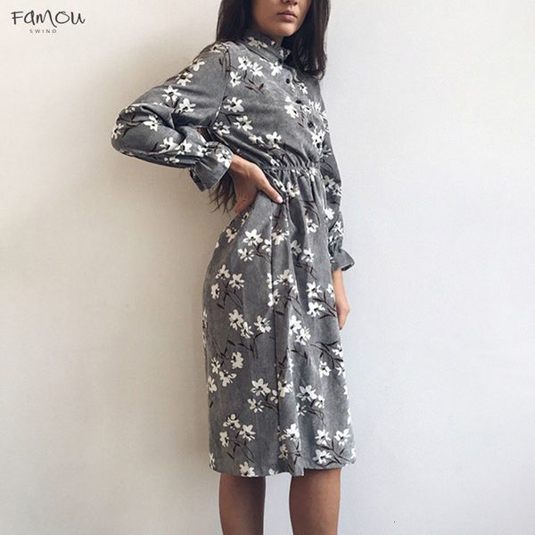 

Winter Autumn Women Dresses Long Sleeve High Elastic Waist Flower Print Party Dress Clothes Dress Vestidos Designer Female