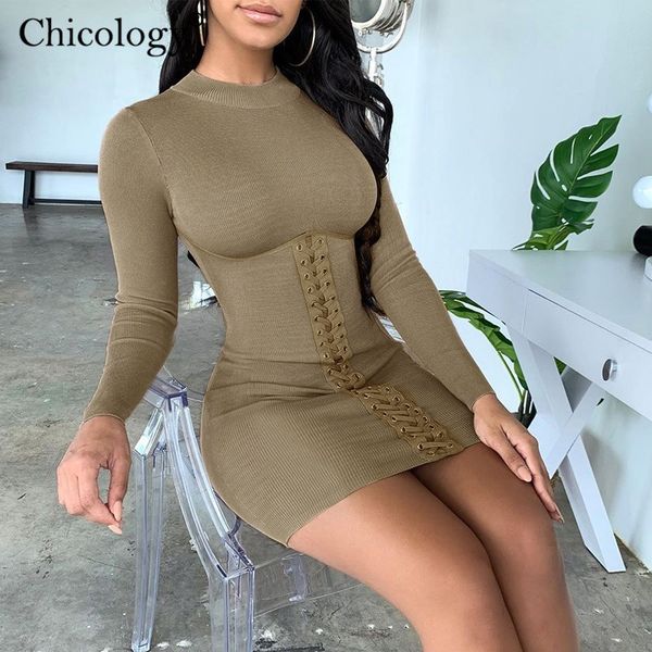 

chicology women bandage long sleeve mini dress bodycon party outfit 2019 autumn winter club clothes female short casual, Black;gray