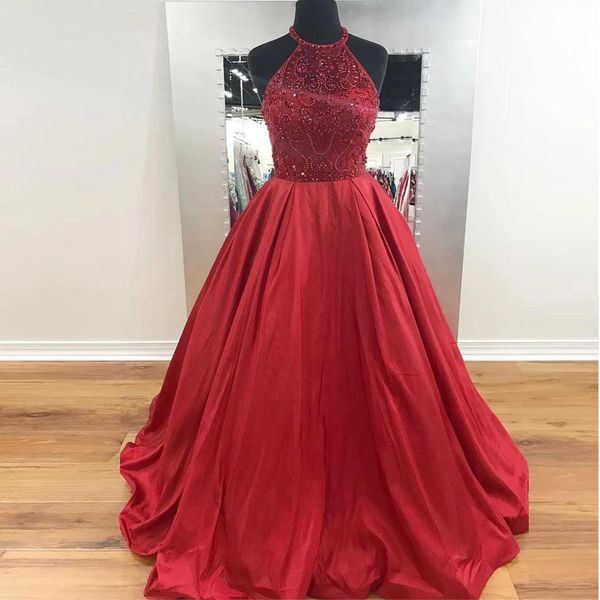 

stunning halter a-line satin long prom dresses red with major beading sweep train petite formal dresses vestido de festa, Black