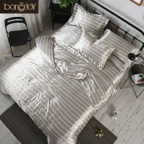 Bonenjoy Grey Color Satin Silk Beddings And Bed Sets Stripes And