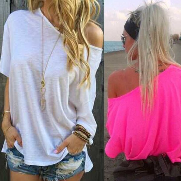 

loose slant collar short-sleeved female loose slant collar short-sleeved t-shirt t-shirt female, White