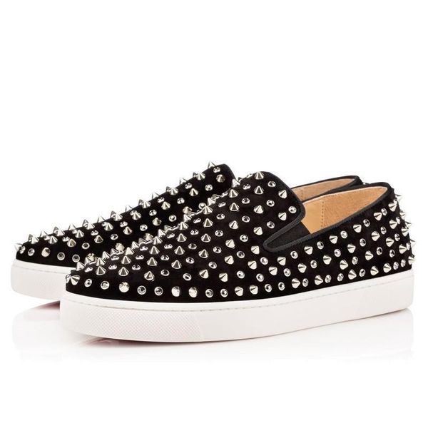 

original box]luxury casual party wedding shoes,red bottom loafers with spikes roller boat shoes rollerboat rhinestones flat sneaker 35-46eu, Black