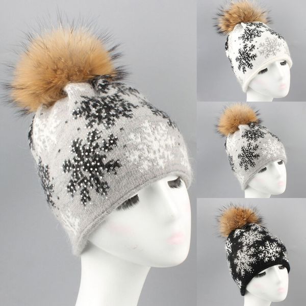 

2019 женщины зима снежинка мех шерсть knit hat beanie теплый cap трикотажные шерсти девушка beanie touca inverno gorros invierno, Blue;gray