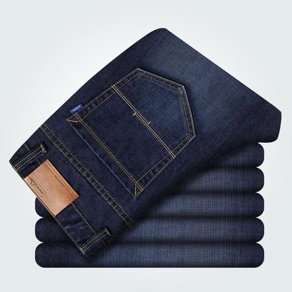 

stripe mid waist zip fly straight full length smart casual men jeans pants fashion easy care ineslaticity jeans regular, Blue