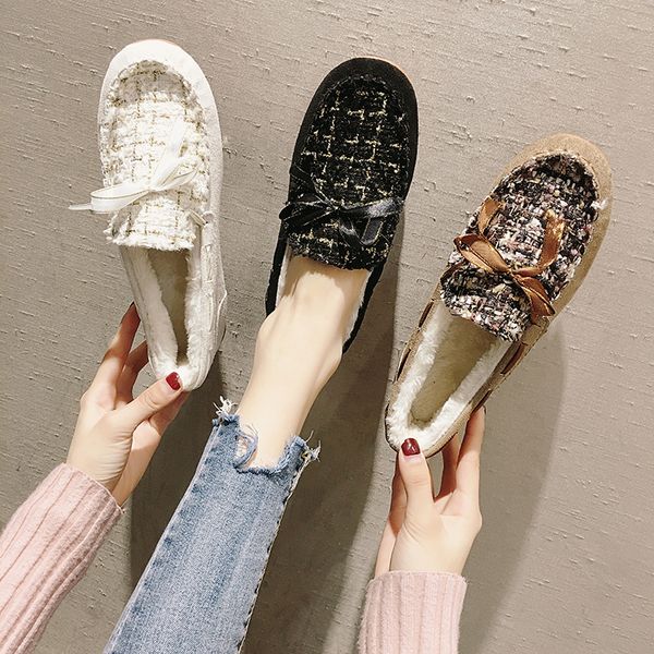

korean shoes round toe female footwear women bow-knot women's moccasins all-match casual sneaker loafers fur 2019 winter dress, Black