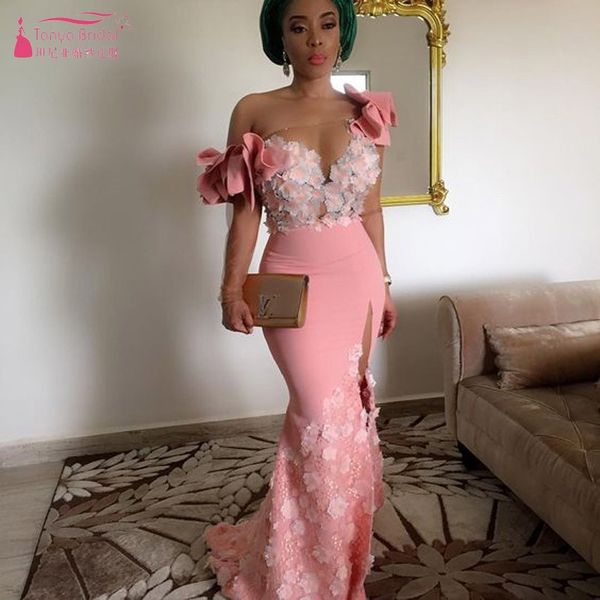 

pretty 3d flower prom gowns long mermaid african prom dresses lace sheer long sleeves split vestido longo jq576, White;black