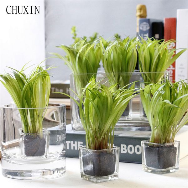 

korean home decoration mini bonsai artificial plant green wheat seedling glass mini potted artificial succulent garden decor
