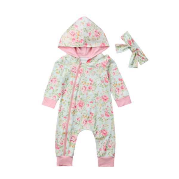 

Toddler Baby Romper Sweet Newborn Baby Girls Floral Hooded Zip Long Sleeve Romper Jumpsuit Clothes
