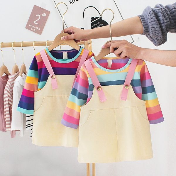 

spring new rainbow strap skirt suit long sleeve color striped suit, Red;yellow
