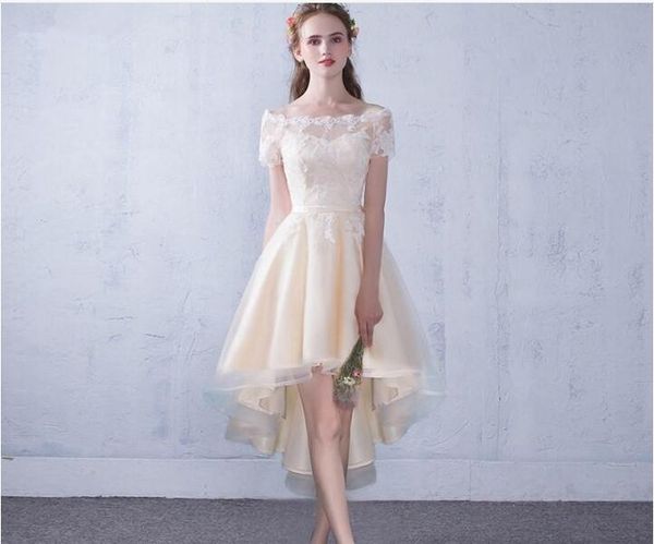 

champagne bateau neck tulle homecoming dresses with lace appliques high low party dress lace up, Red