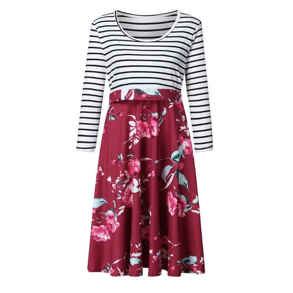 

women's maternity dress long sleeve floral print nursing dresses splicing stripe dress for breastfeeding dresses autumn #lr1, White