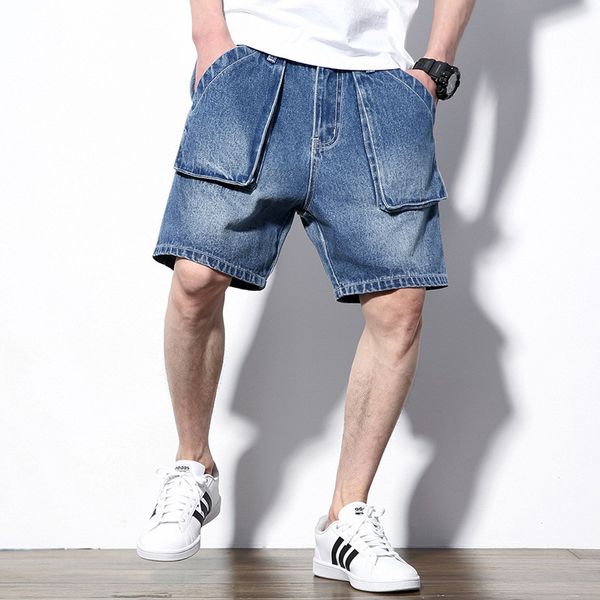 

denim shorts men 2019 summer new japanese large size solid color casual tooling five points shorts men's loose denim, Blue