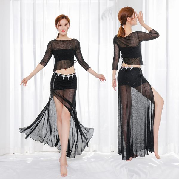 

belly dance costume for women oriental bellydance practice clothing sequin and skirt transparent mesh dancewear, Black;red