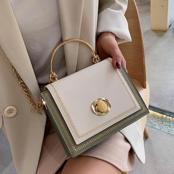 

contrast color tote bag 2020 new quality leather totes with metal handle women's handbag chain shoulder messenger bag