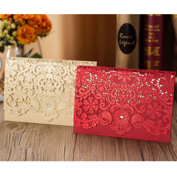 

100pcs red gold laser cut diamond wedding invitations card elegant greeting card customize wedding favor event party decoration