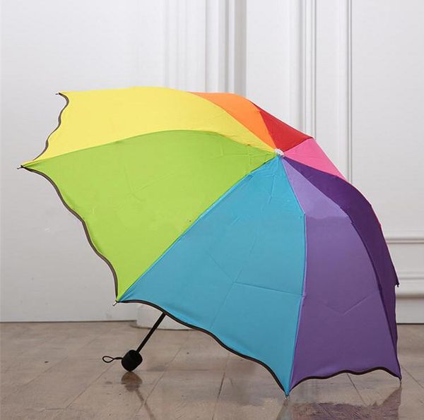 

200pcs/lot new colorful three-folding falbala rainbow rainy telescopic umbrella