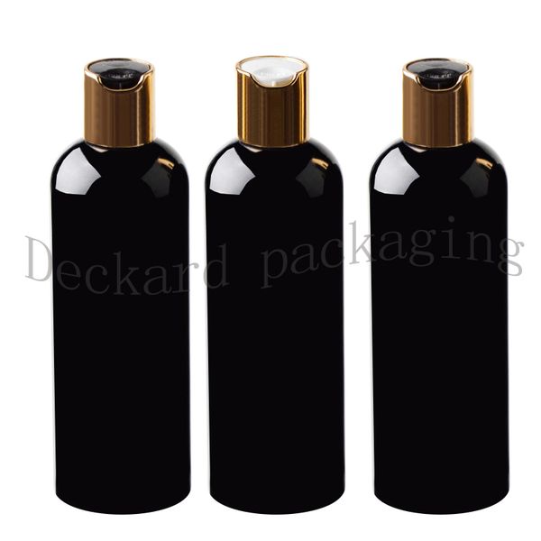 

wholesale 30pcs black 300ml container sample cleaner,shampoo storage with gold disc cap empty black packaging plastic bottles