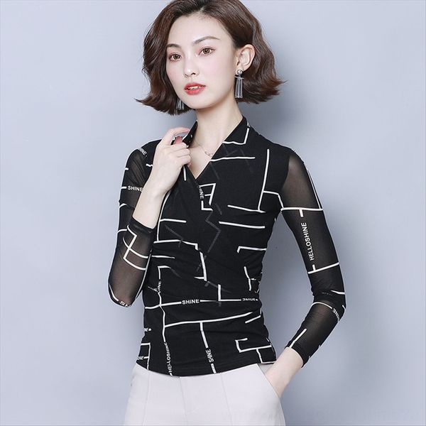 

тонкая сетка рубашки куртка внутренней куртка черный крест v-образный вырез сетка с длинным рукавом футболки базовой рубашки в западном стил, White