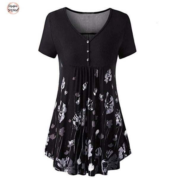 

женские модные блузки и топы на лето printed v шеи кнопка плиссированной блузы comfy сыпучих мундир длинными голенищами flared, White