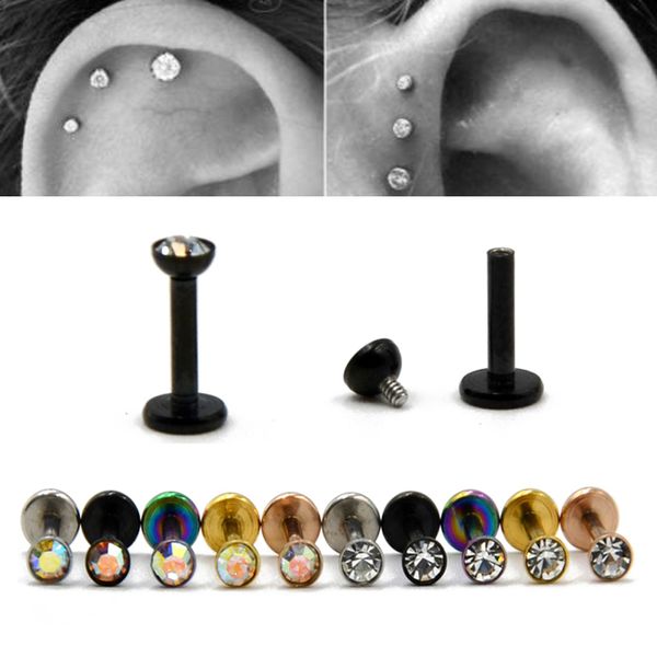 

1piece steel colorful internally thread flat cz gem ear cartilage tragus helix piercing labret lip studs ring 16g body jewelry, Slivery;golden