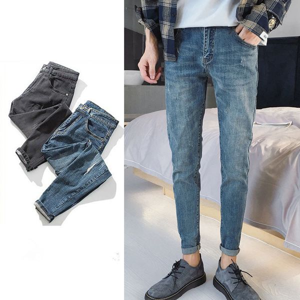 

men's jeans and korean version of the nine-piece trousers boys stretch body trim fashion catchy pants 2021, Blue