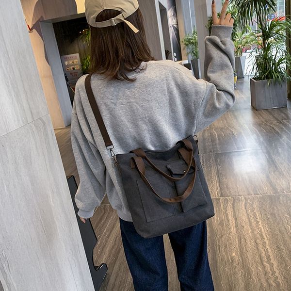 

2020 women's retro solid color large capacity canvas handbag plaid shoulder bag big tote handbag ladies vintage shoulder bag