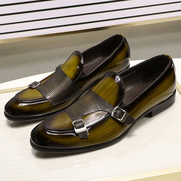 

felix chu patent leather mens loafers wedding party dress shoes black green monk strap casual fashion men slip on shoes
