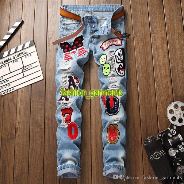 

new fashion stylist jeans mens slim non-elastic trousers men letter badge hole straight jeans fashion trend jeans blue