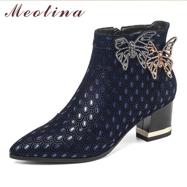 

meotina winter sheepskin ankle boots women natural genuine leather thick high heel short boots crystal zipper shoes lady fall 42, Black