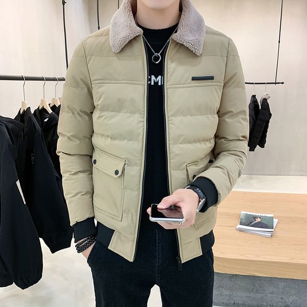 

new winter thick jacket men's slim warm fashion solid color casual lambskin coat man wild cotton jacket parka men clothes m-4xl, Black