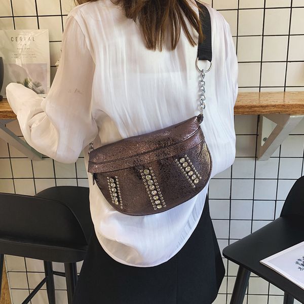 

bright diamonds fashion ladies bags versatile pu leather waist bag solid messenger bag single shoulder mini for women #zc