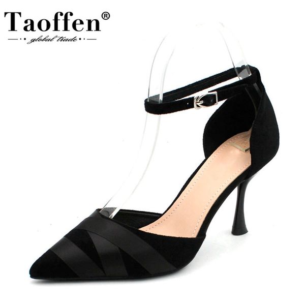 

taoffen women sandals patchwork pointed toe shoes women fashion soft leather ankle strap buckle thin heels footwear size 34-39, Black