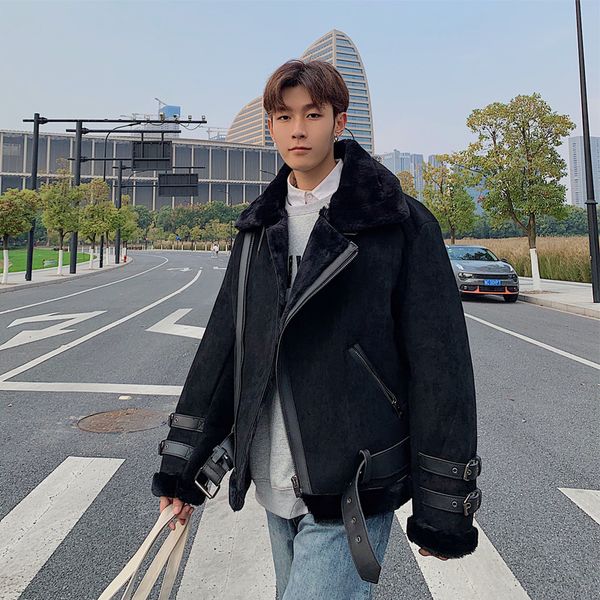 

winter thick suede jacket men's warm fashion parka men solid color fur collar coat man streetwear loose cotton coat male clothes, Black