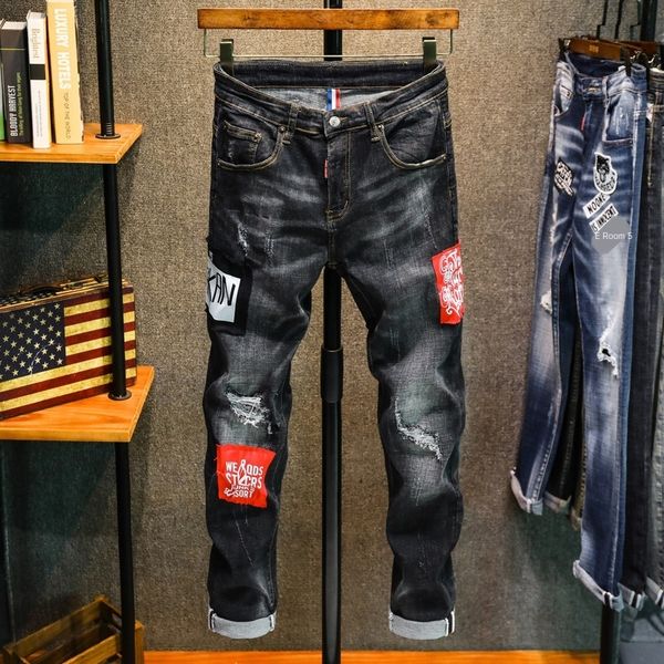 

mens designer fashion brand jeans slim casual straight hole long pants, Blue