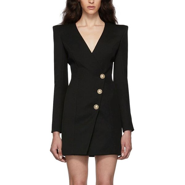 

v neck work dresses for women luxury designer blazer dress spring fall lion head button fashion classic black white mini dress s-xl, White;black