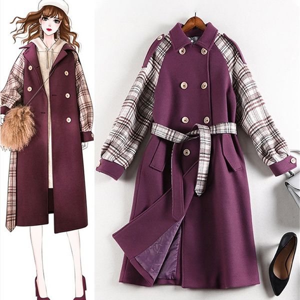 

увеличенные осень зима шерстяных пальто женщин сгущать клетчатую сращивания шерсти верхней одежды женской двубортный x-длинные шерстяные кур, Black