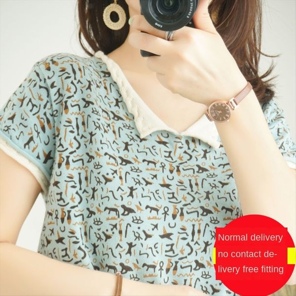 

summer 2020v-neck jacket cotton t- and linen printing knitted short sleeve women's loose half sleeve base shirt pure cotton t-shirt thi, White