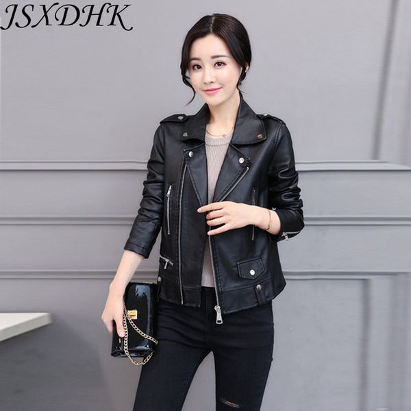 

jsxdhk s-xxxl plus size autumn women pu leather jacket coat fashion sport black zipper baseball turn down collar slim outerwear, Black;brown
