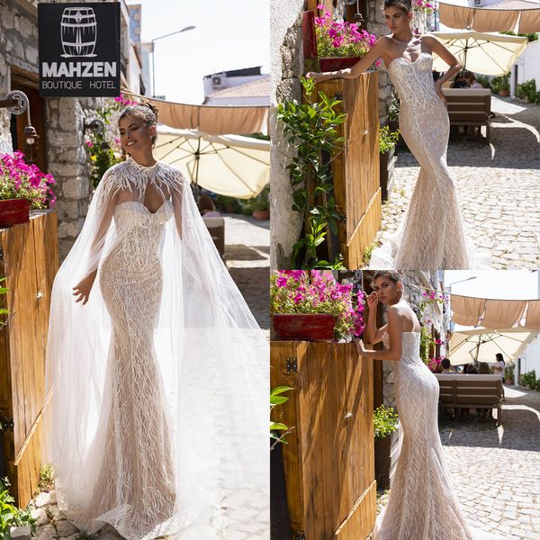 

2020 oksana mukha mermaid wedding dresses with wrap sequins lace glitter country wedding dress bridal gowns sweep train abiti da sposa, White