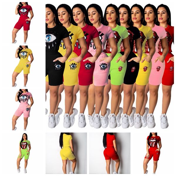 

tracksuits european solid color fashion casual eyes lip sequins round neck short suit support mixed batch, Gray