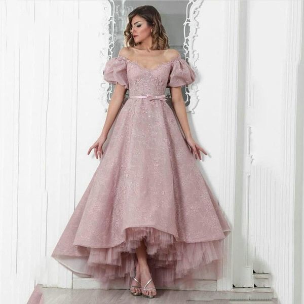 

dusty pink hi lo juliet short sleeves party prom dresses 2019 off the shoulder lace draped ribbon princess cocktail graduation homecoming, Black